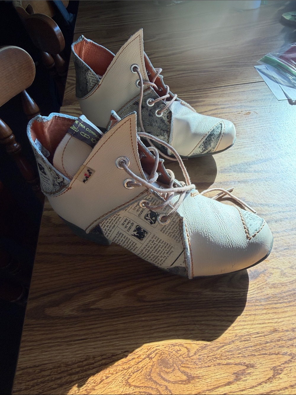 Women’s Neutral Beige Lace-Up Newspaper Print Ankle Shoes